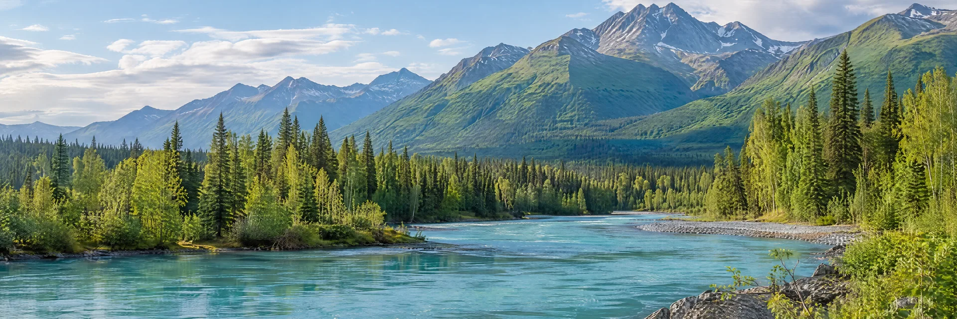 Illustration inspired by Cooper Landing, AK: alaska Kenai Peninsula mountain country, turquoise river, spruce and birch forest and distant rugged green mountain slopes.