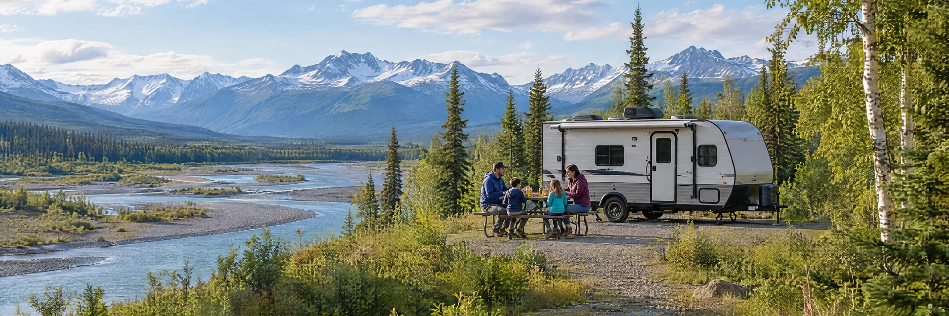 Illustration of campers enjoying a family picnic beside a compact travel trailer in a fictional camping setting inspired by Eagle River, AK.