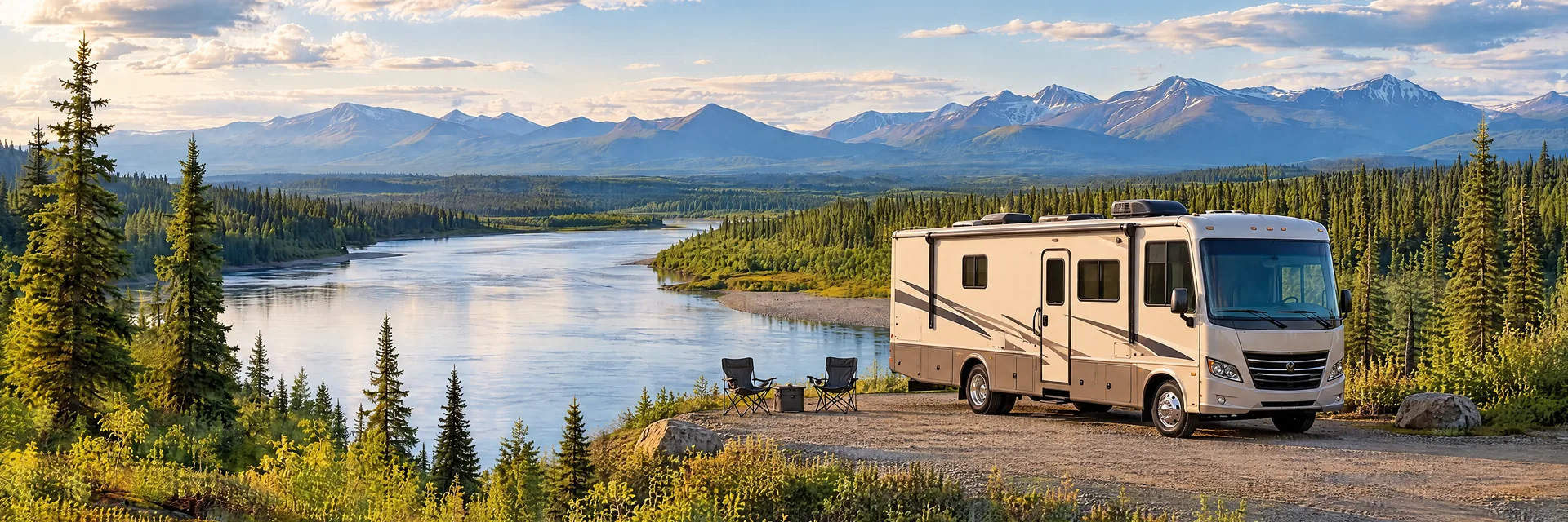 Illustration of a cream Class A motorhome with restrained charcoal trim at a fictional camping setting inspired by Fairbanks, AK.
