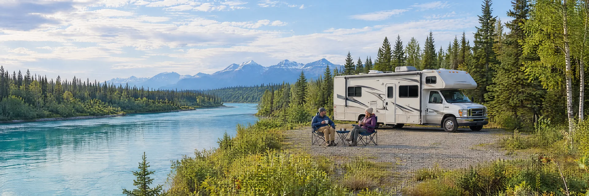Illustration of campers enjoying morning coffee beside a Class C motorhome in a fictional camping setting inspired by Funny River, AK.