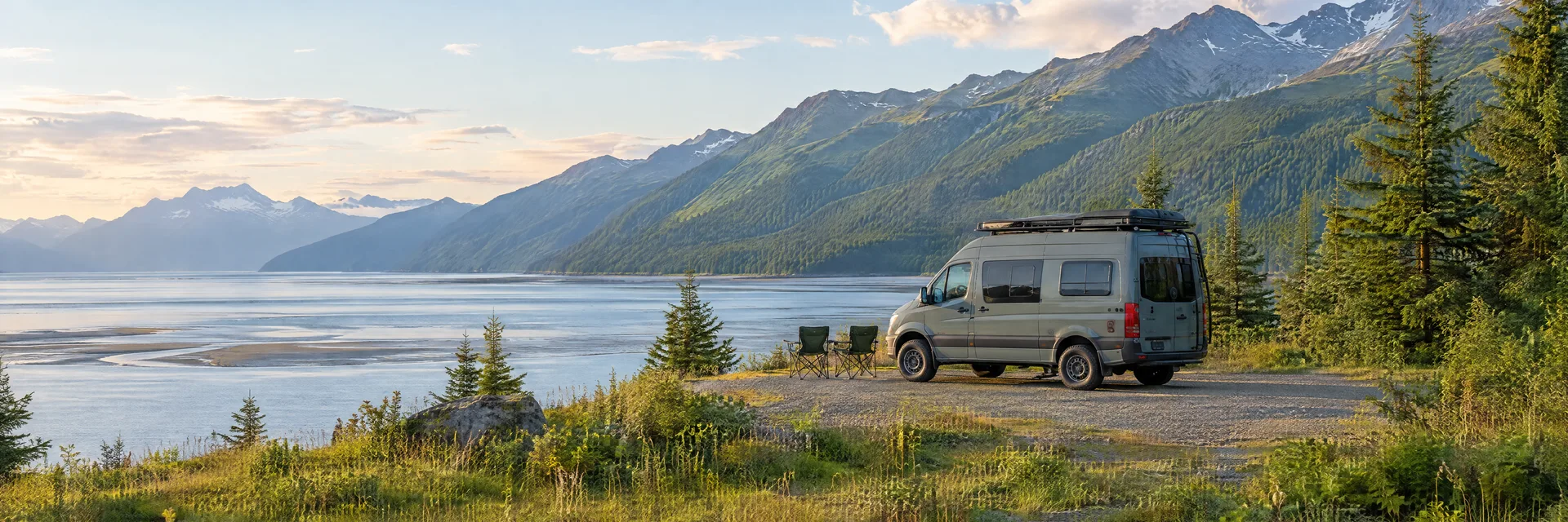 Illustration of a camper van at a fictional camping setting inspired by Hope, AK.