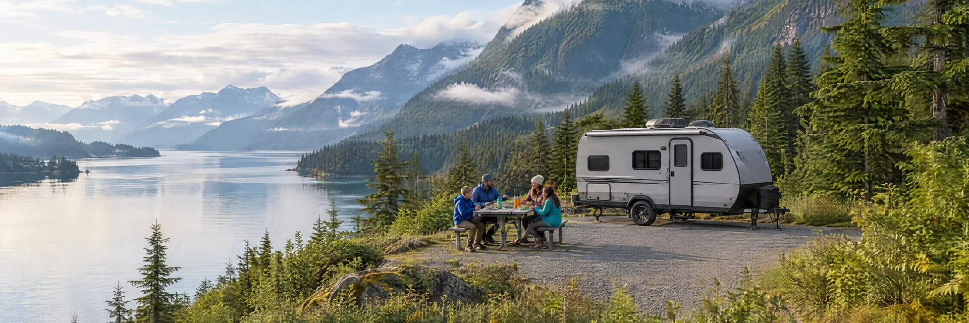 Illustration of campers enjoying a family picnic beside a compact travel trailer in a fictional camping setting inspired by Juneau, AK.