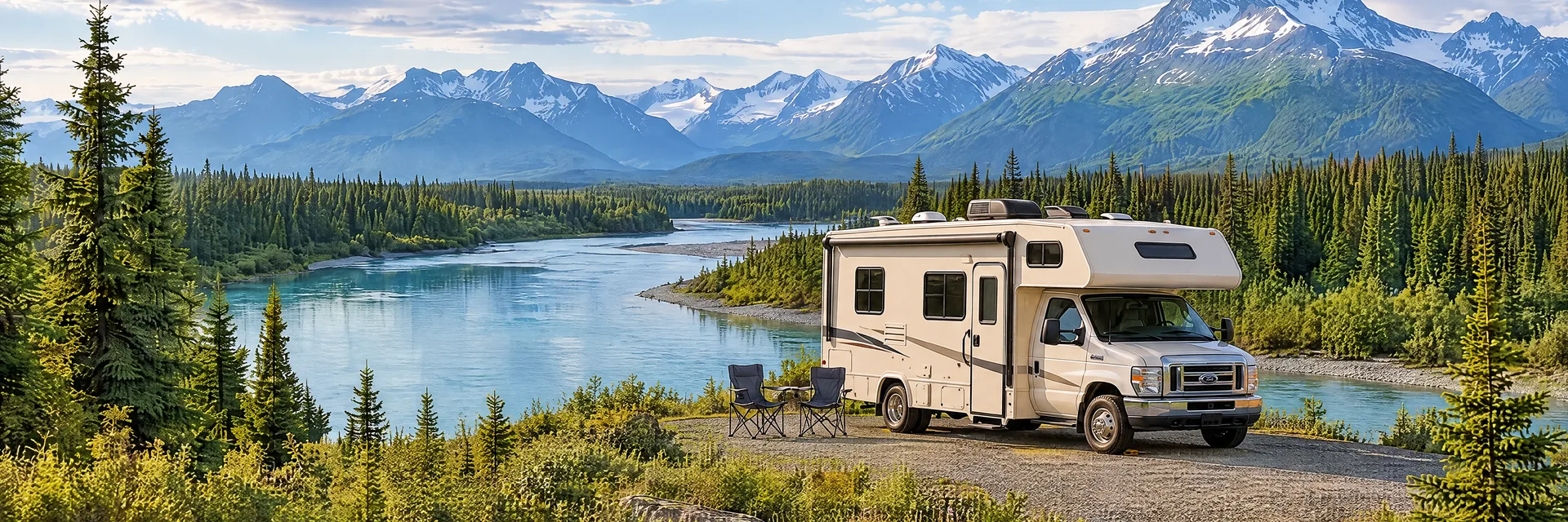 Illustration of a cream Class C motorhome with a modest overcab bunk at a fictional camping setting inspired by Kenai, AK.