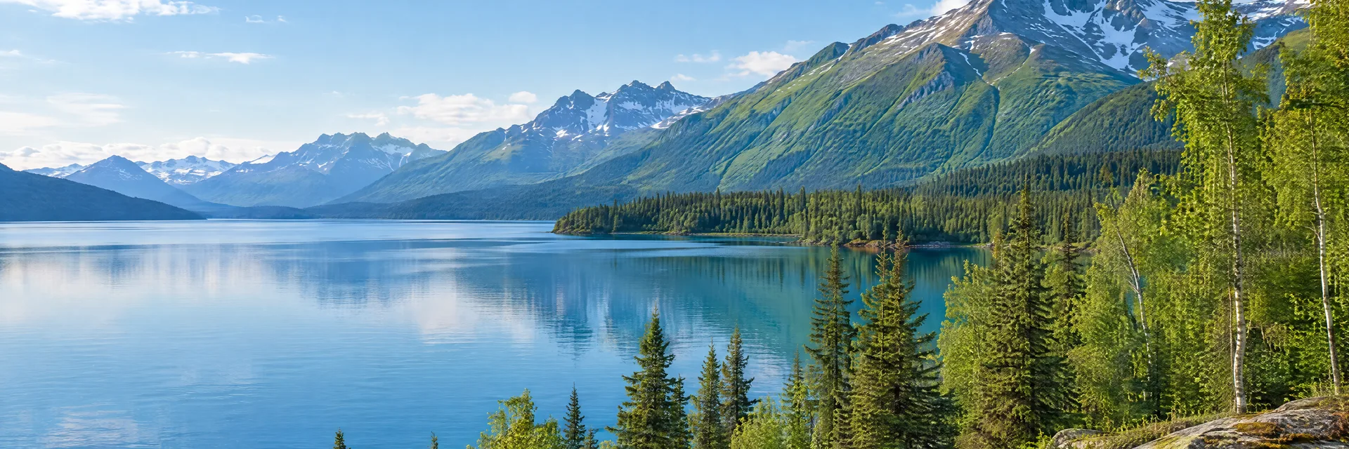 Illustration inspired by Moose Pass, AK: alaska Kenai Peninsula mountain lake country, clear blue freshwater lake, spruce and birch forest and rugged green mountain slopes.