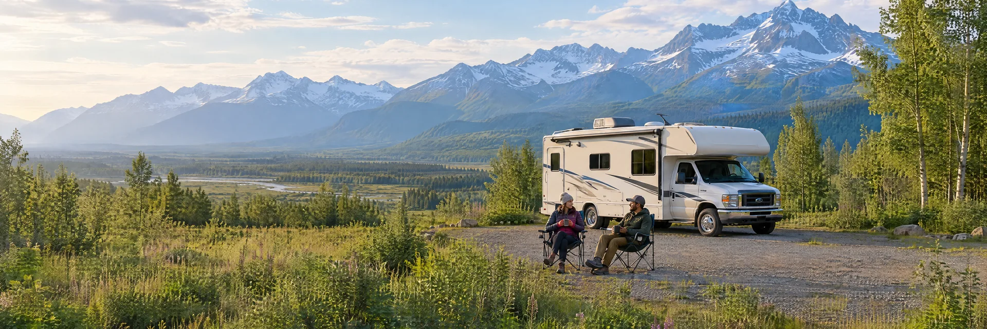 Illustration of campers enjoying morning coffee beside a Class C motorhome in a fictional camping setting inspired by Palmer, AK.