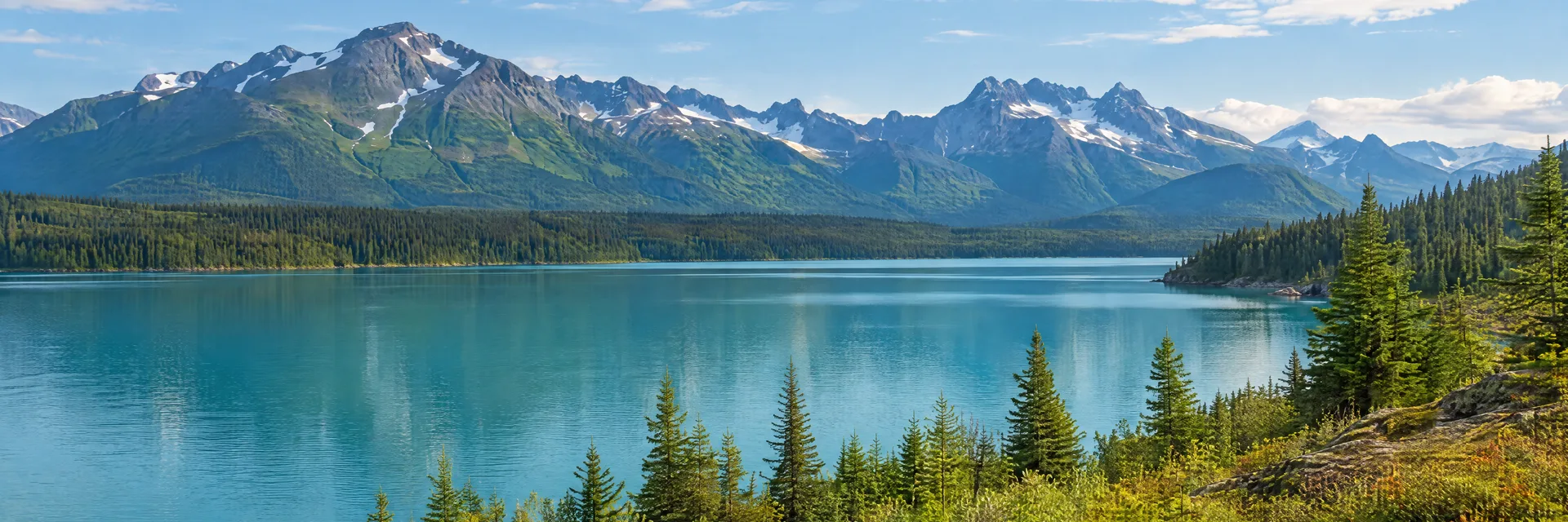 Illustration inspired by Primrose, AK: alaska Kenai Peninsula blue-green lake, spruce forest and distant rugged mountain ridges.