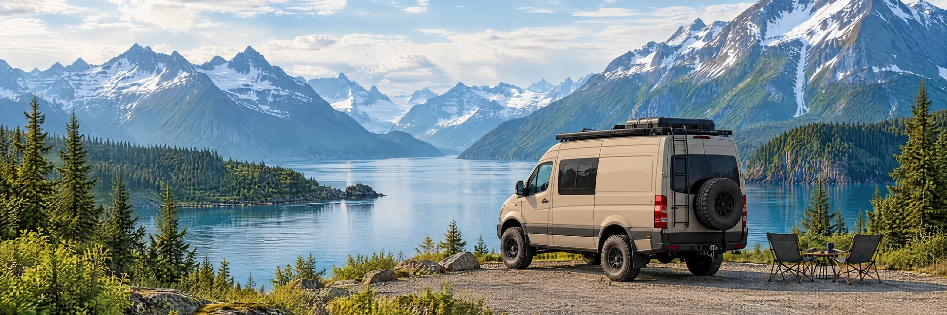 Illustration of a sand-colored rugged campervan at a fictional camping setting inspired by Seward, AK.