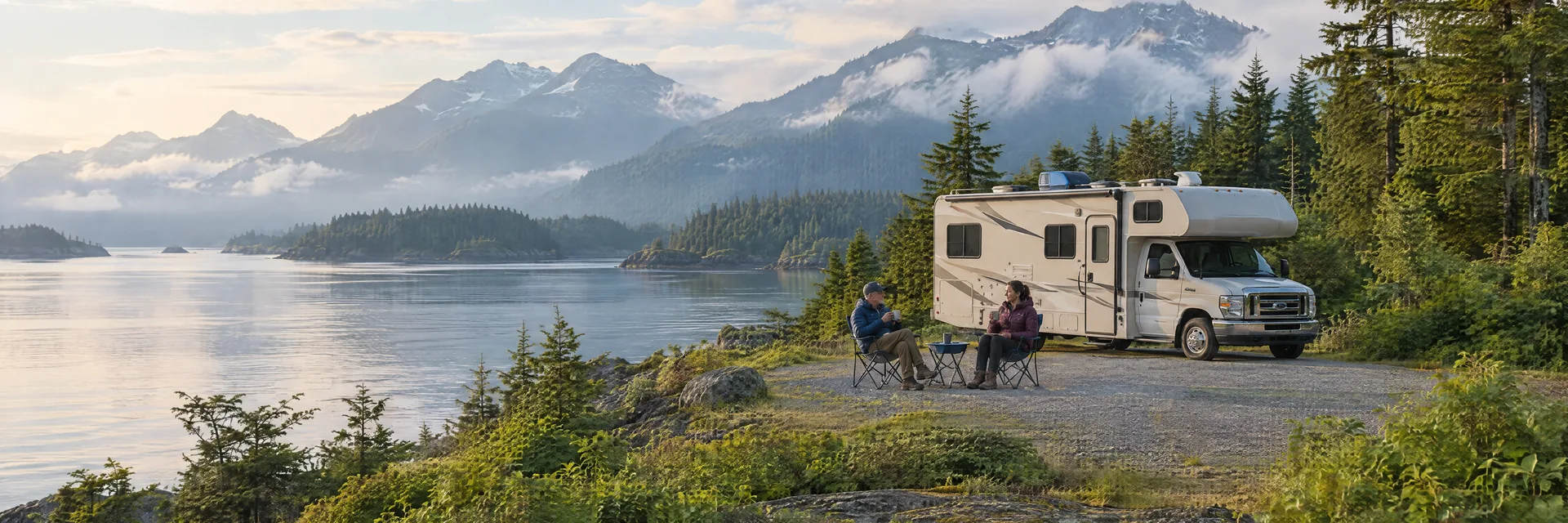 Illustration of campers enjoying morning coffee beside a Class C motorhome in a fictional camping setting inspired by Sitka, AK.