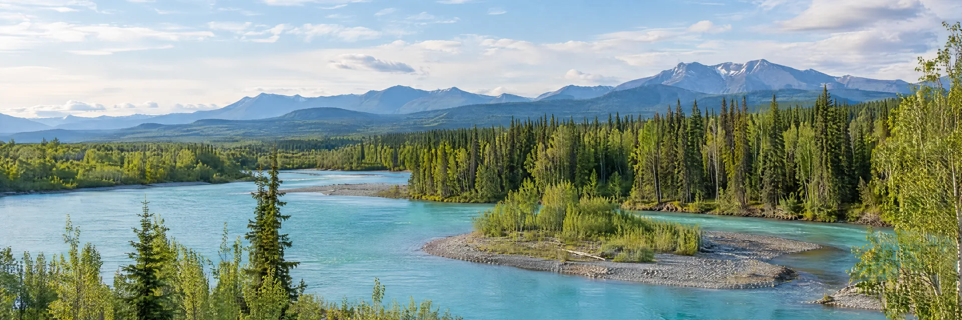 Illustration inspired by Soldotna, AK: alaska Kenai Peninsula, turquoise river bends with gravel bars, spruce and birch woodland and modest distant mountain ridges.