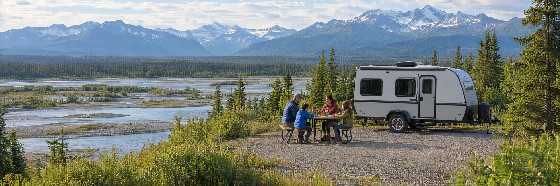 Illustration of campers enjoying a family picnic beside a compact travel trailer in a fictional camping setting inspired by Talkeetna, AK.