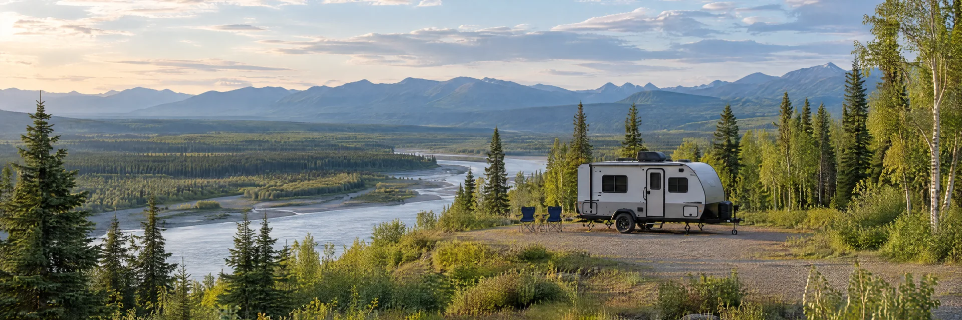 Illustration of a compact travel trailer at a fictional camping setting inspired by Trapper Creek, AK.
