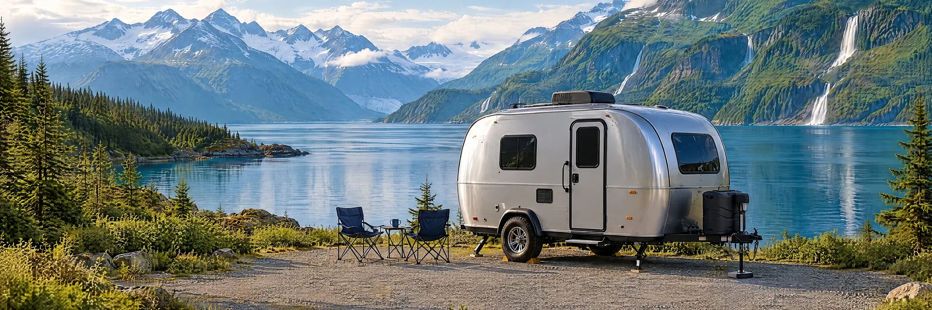 Illustration of a silver compact single-axle travel trailer with visible hitch and stabilizers at a fictional camping setting inspired by Valdez, AK.