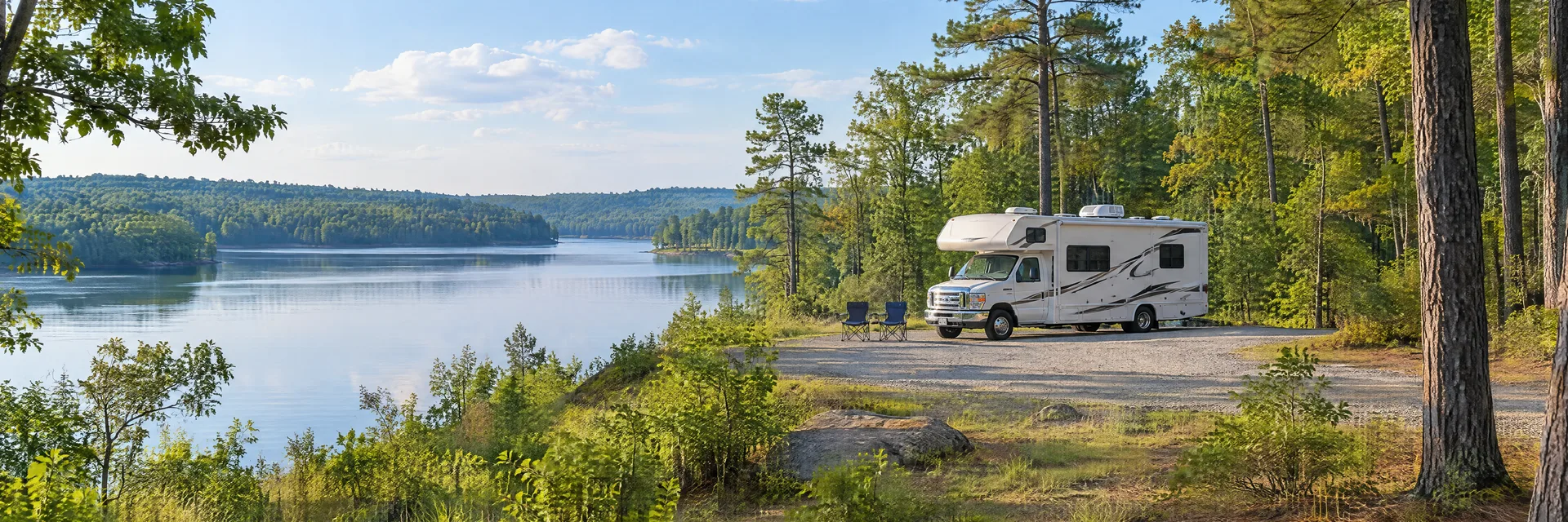Illustration of a Class C motorhome at a fictional camping setting inspired by Abbeville, AL.