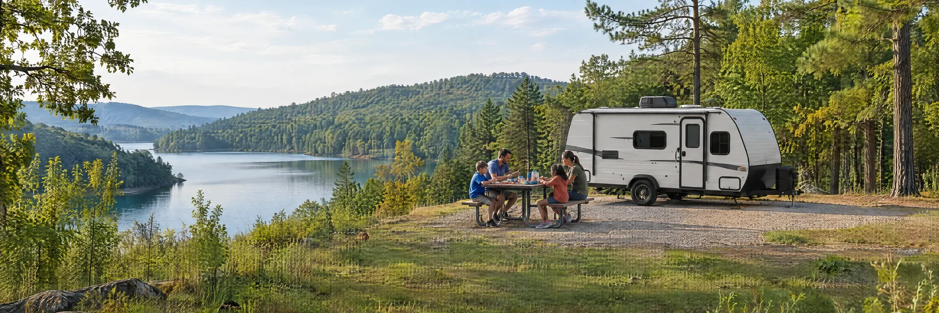 Illustration of campers enjoying a family picnic beside a compact travel trailer in a fictional camping setting inspired by Five Points, AL.