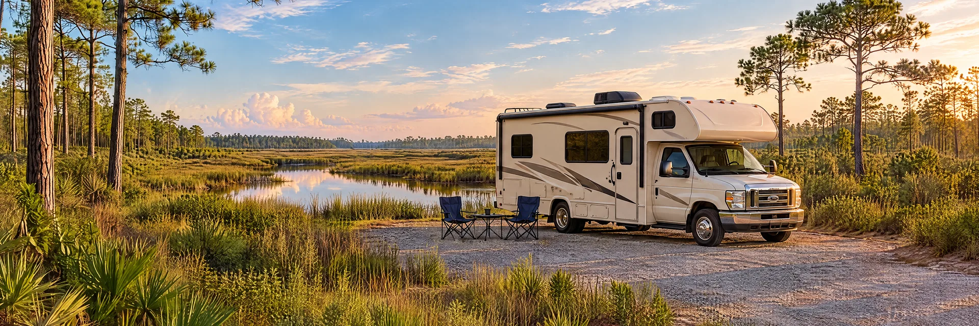 Illustration of a cream Class C motorhome with a modest overcab bunk at a fictional camping setting inspired by Foley, AL.