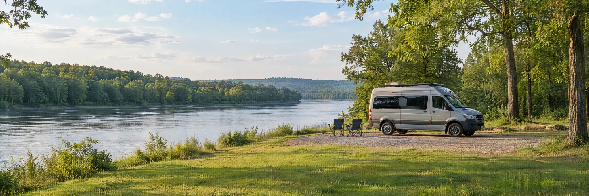 Illustration of a camper van at a fictional camping setting inspired by Forkland, AL.