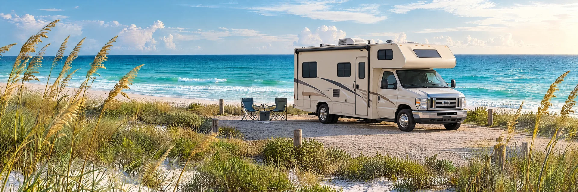 Illustration of a Class C motorhome at a fictional camping setting inspired by Gulf Shores, AL.