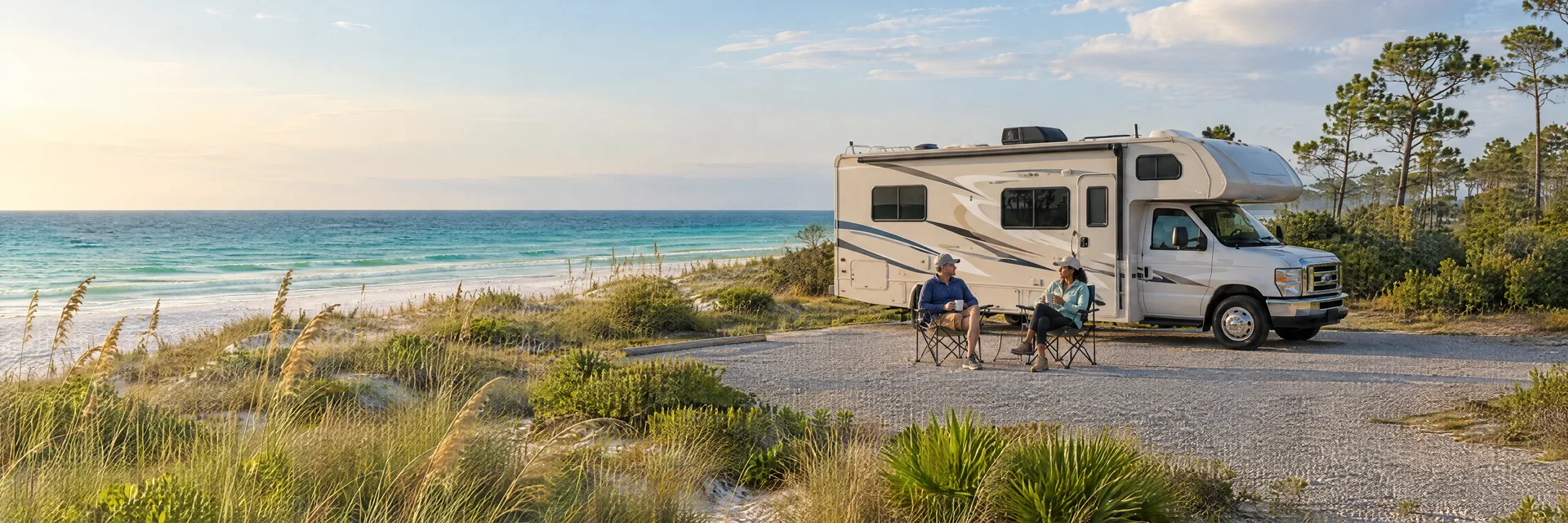 Illustration of campers enjoying morning coffee beside a Class C motorhome in a fictional camping setting inspired by Orange Beach, AL.