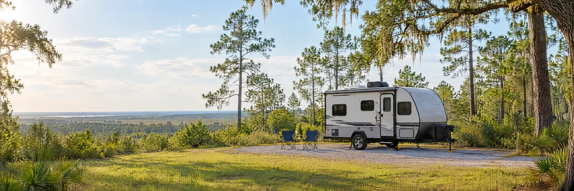 Illustration of a compact travel trailer at a fictional camping setting inspired by Robertsdale, AL.