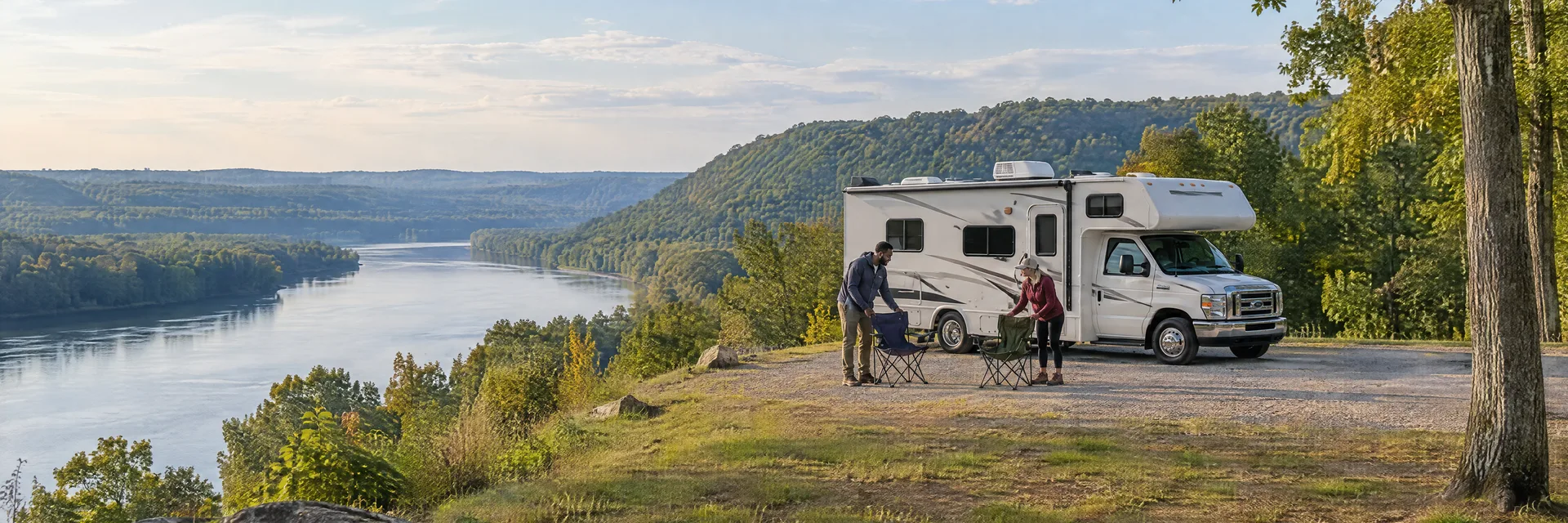 Illustration of campers enjoying setting up camp beside a Class C motorhome in a fictional camping setting inspired by Tuscaloosa, AL.