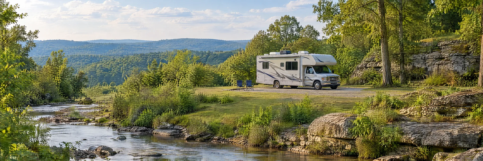 Illustration of a Class C motorhome at a fictional camping setting inspired by Tuscumbia, AL.