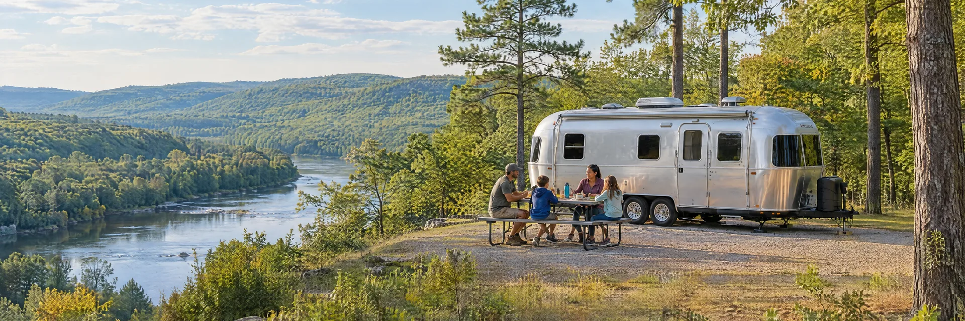 Illustration of campers enjoying a family picnic beside a rounded silver travel trailer in a fictional camping setting inspired by Arkadelphia, AR.
