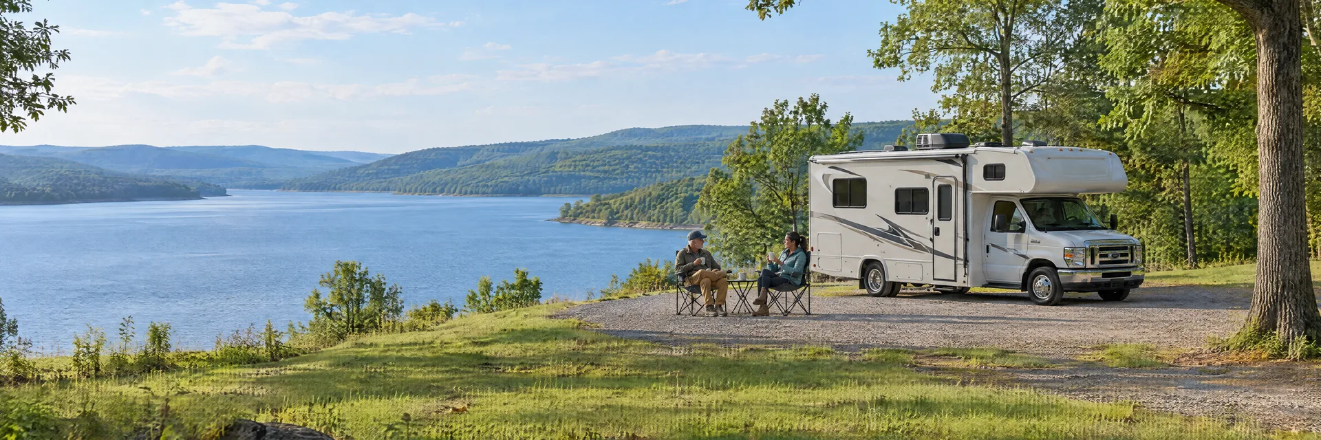 Illustration of campers enjoying morning coffee beside a Class C motorhome in a fictional camping setting inspired by Dardanelle, AR.