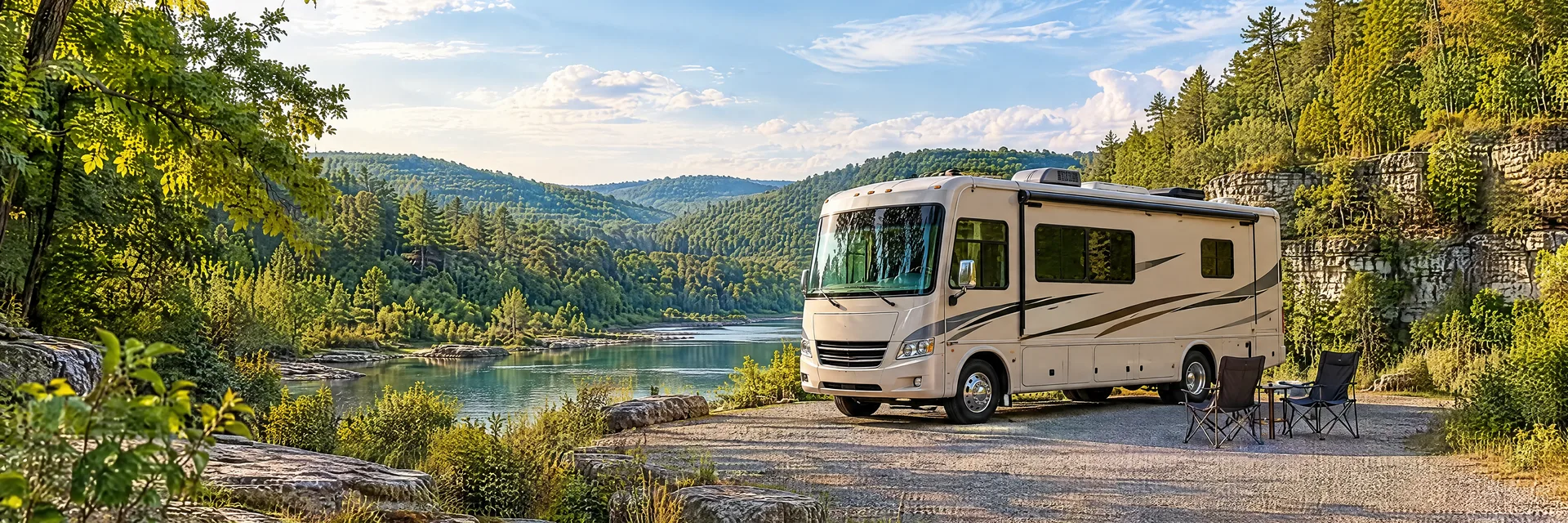 Illustration of a cream Class A motorhome with restrained charcoal trim at a fictional camping setting inspired by Eureka Springs, AR.