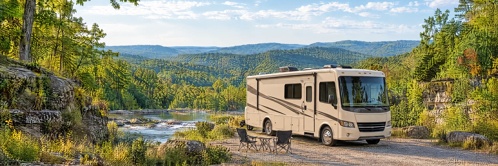 Illustration of a cream Class A motorhome with restrained charcoal trim at a fictional camping setting inspired by Fayetteville, AR.