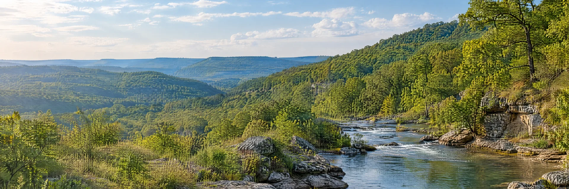 Illustration inspired by Harrison, AR: northern Arkansas Ozark countryside with oak-covered hills and a clear winding stream.