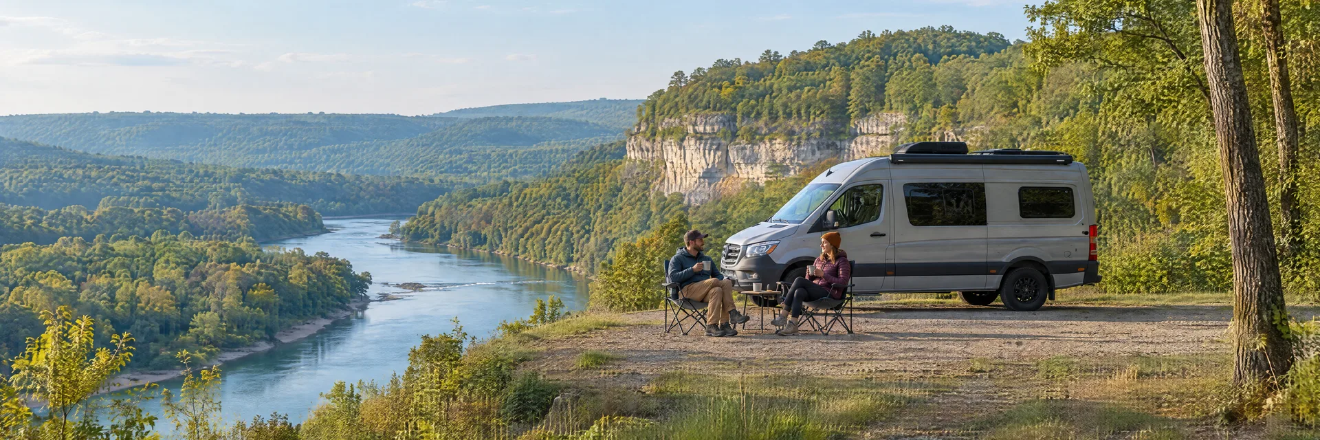 Illustration of campers enjoying morning coffee beside a camper van in a fictional camping setting inspired by Hasty, AR.