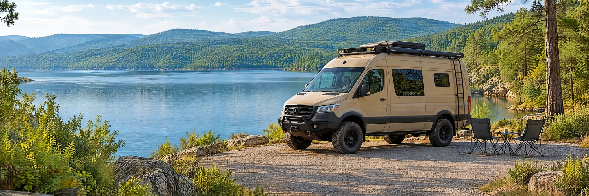Illustration of a sand-colored rugged campervan at a fictional camping setting inspired by Heber Springs, AR.