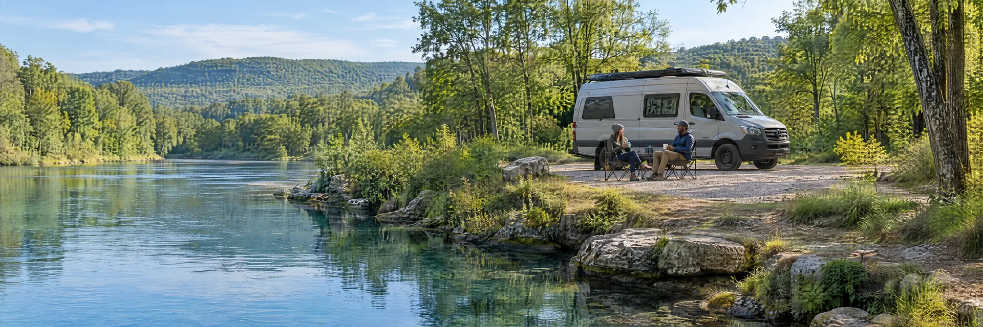 Illustration of campers enjoying morning coffee beside a camper van in a fictional camping setting inspired by Mammoth Spring, AR.