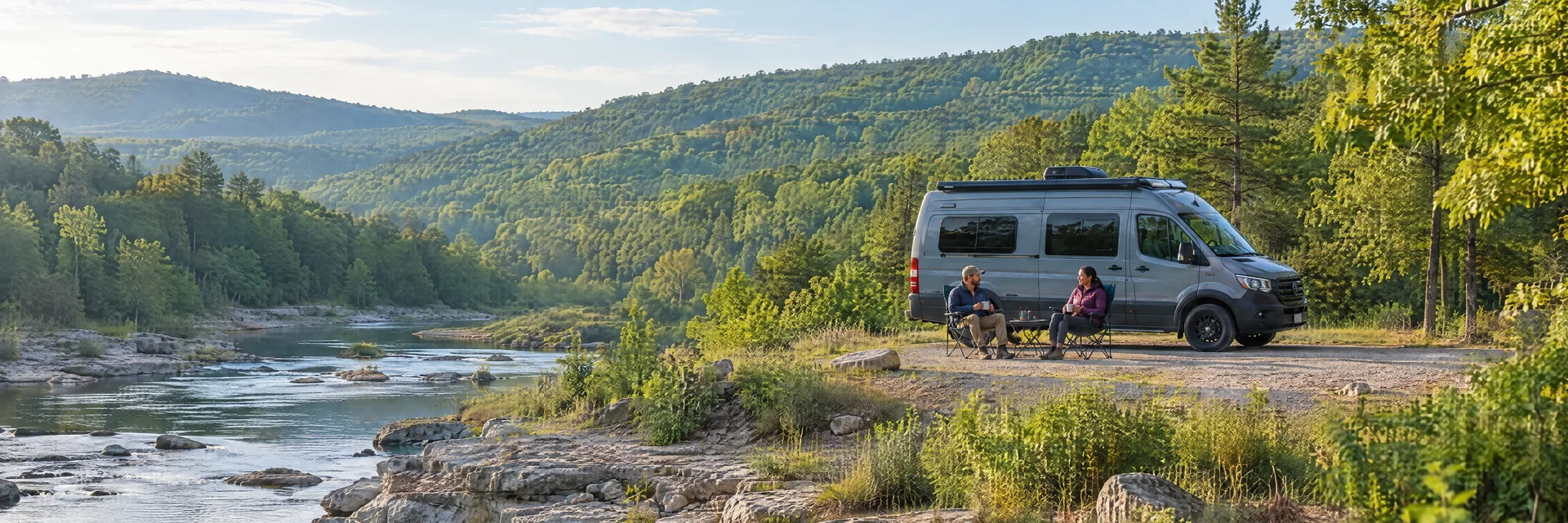 Illustration of campers enjoying morning coffee beside a camper van in a fictional camping setting inspired by Mountain View, AR.