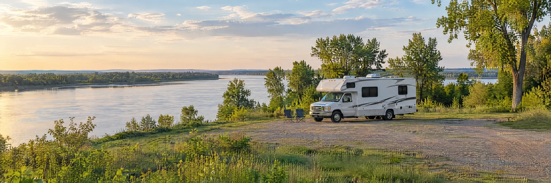 Illustration of a Class C motorhome at a fictional camping setting inspired by Pine Bluff, AR.