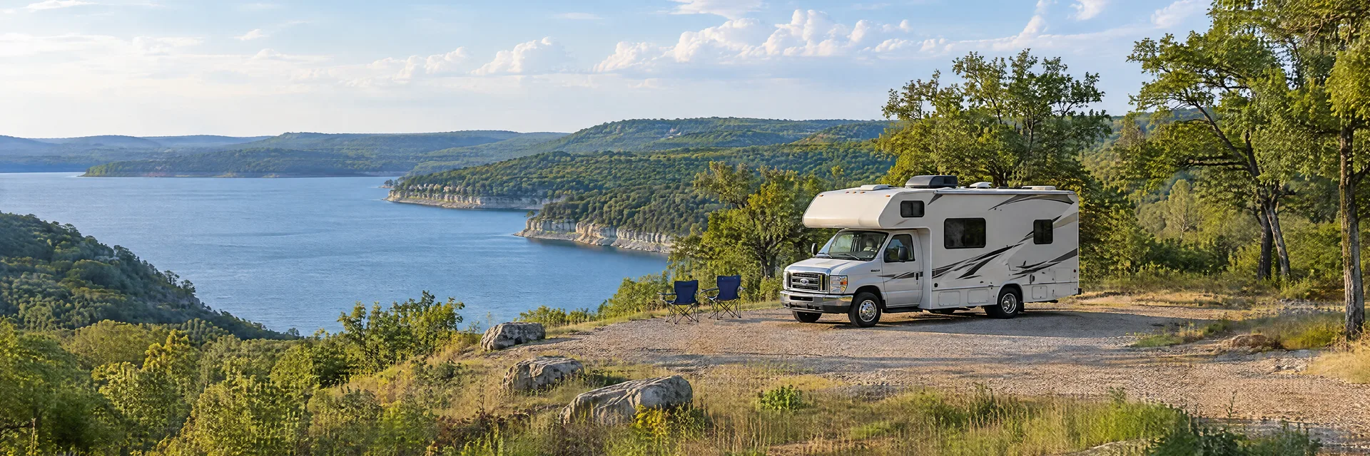 Illustration of a Class C motorhome at a fictional camping setting inspired by Rogers, AR.