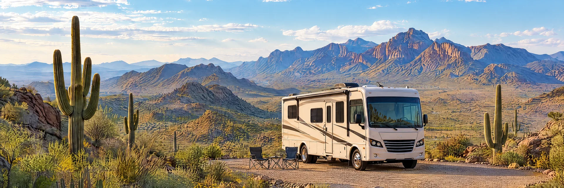 Illustration of a cream Class A motorhome with restrained charcoal trim at a fictional camping setting inspired by Apache Junction, AZ.