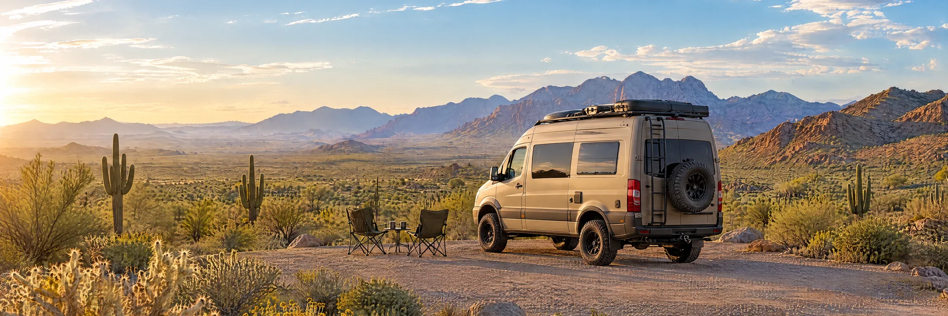 Illustration of a sand-colored rugged campervan at a fictional camping setting inspired by Casa Grande, AZ.
