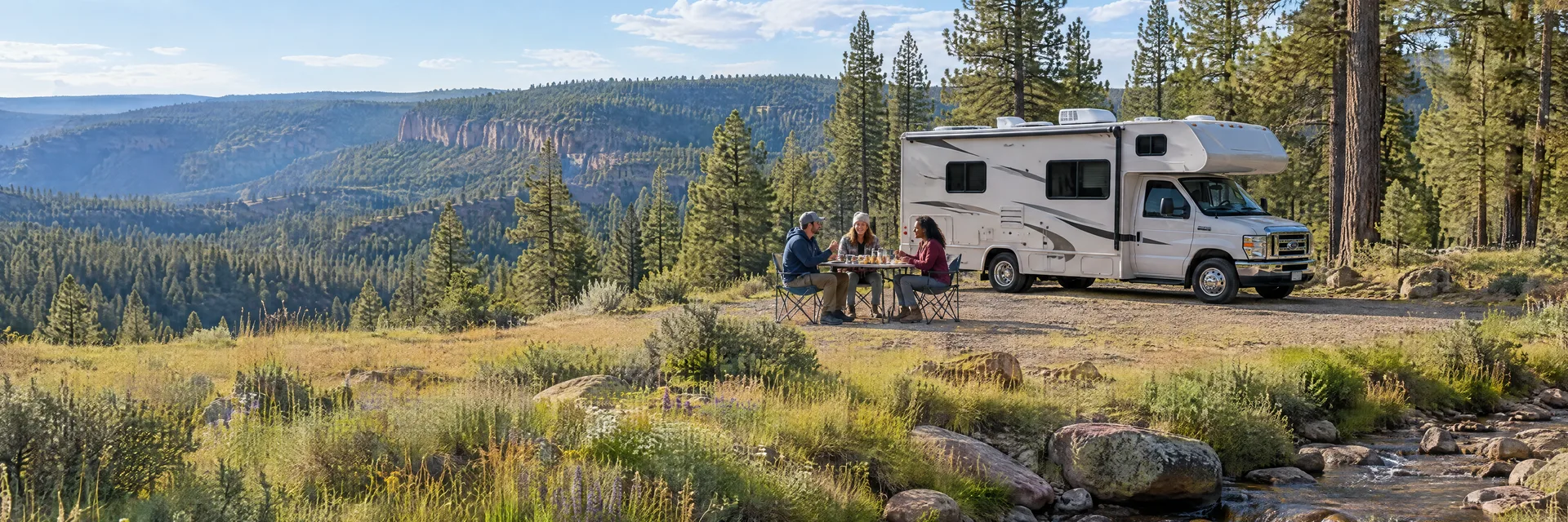 Illustration of campers enjoying an outdoor meal beside a Class C motorhome in a fictional camping setting inspired by Christopher Creek, AZ.