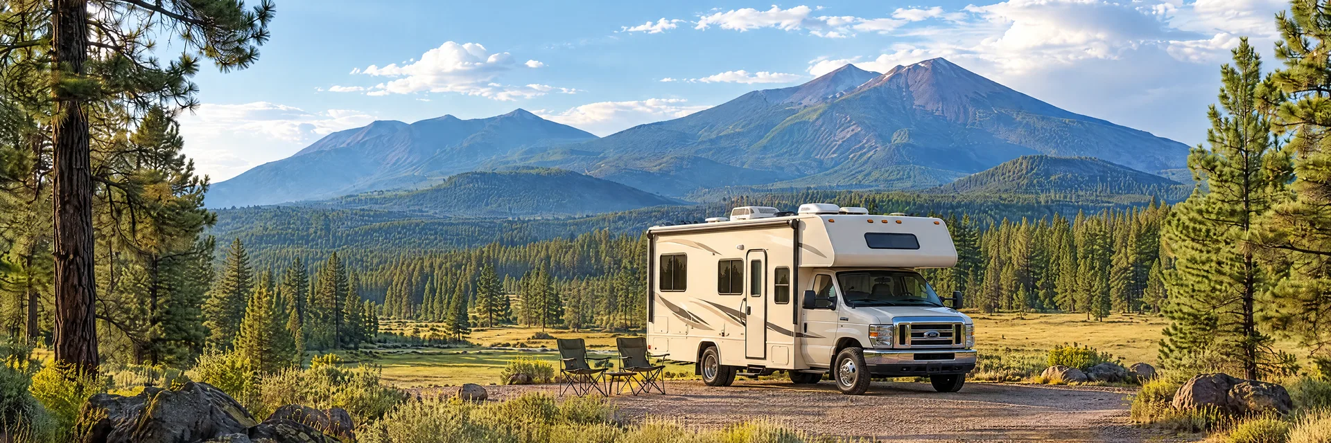 Illustration of a cream Class C motorhome with a modest overcab bunk at a fictional camping setting inspired by Flagstaff, AZ.
