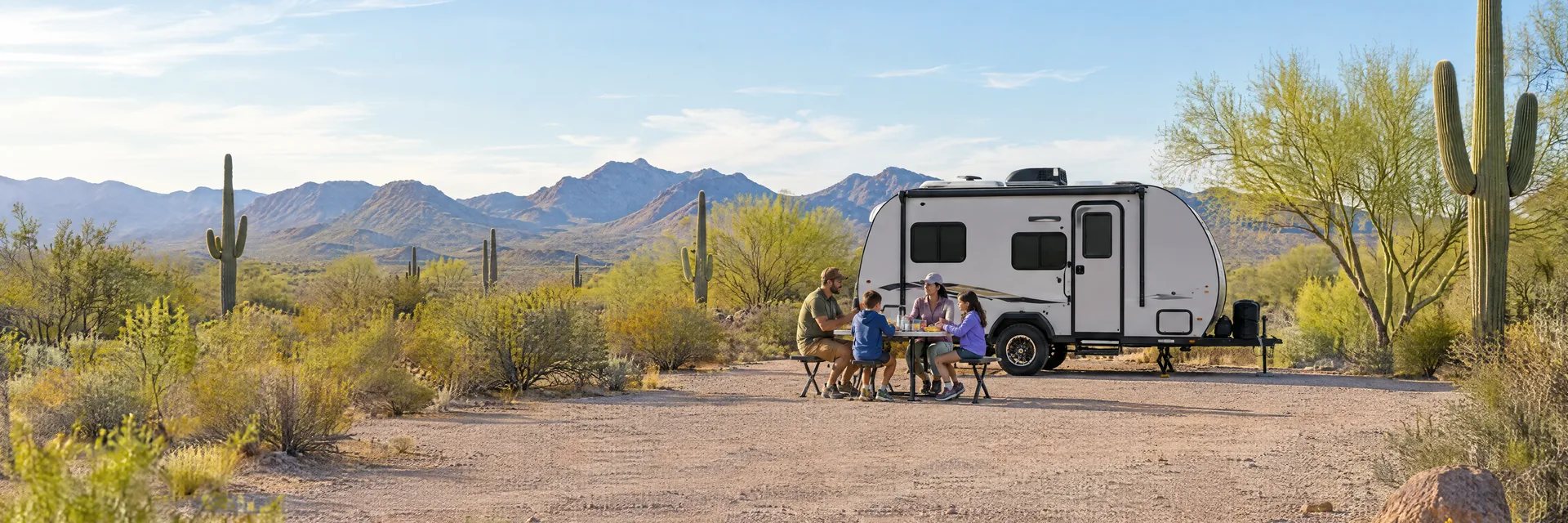Illustration of campers enjoying a family picnic beside a compact travel trailer in a fictional camping setting inspired by Gilbert, AZ.