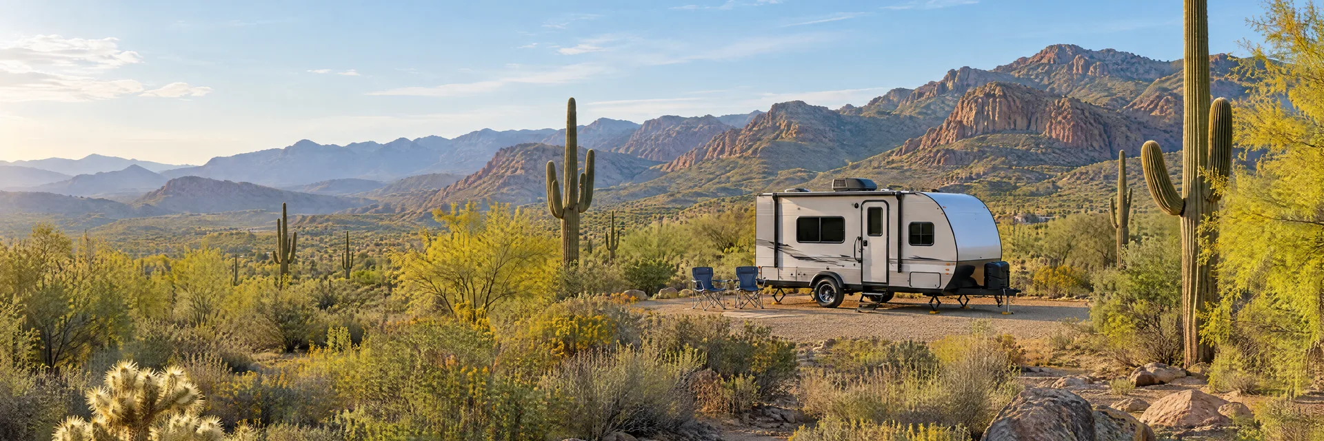 Illustration of a compact travel trailer at a fictional camping setting inspired by Gold Canyon, AZ.