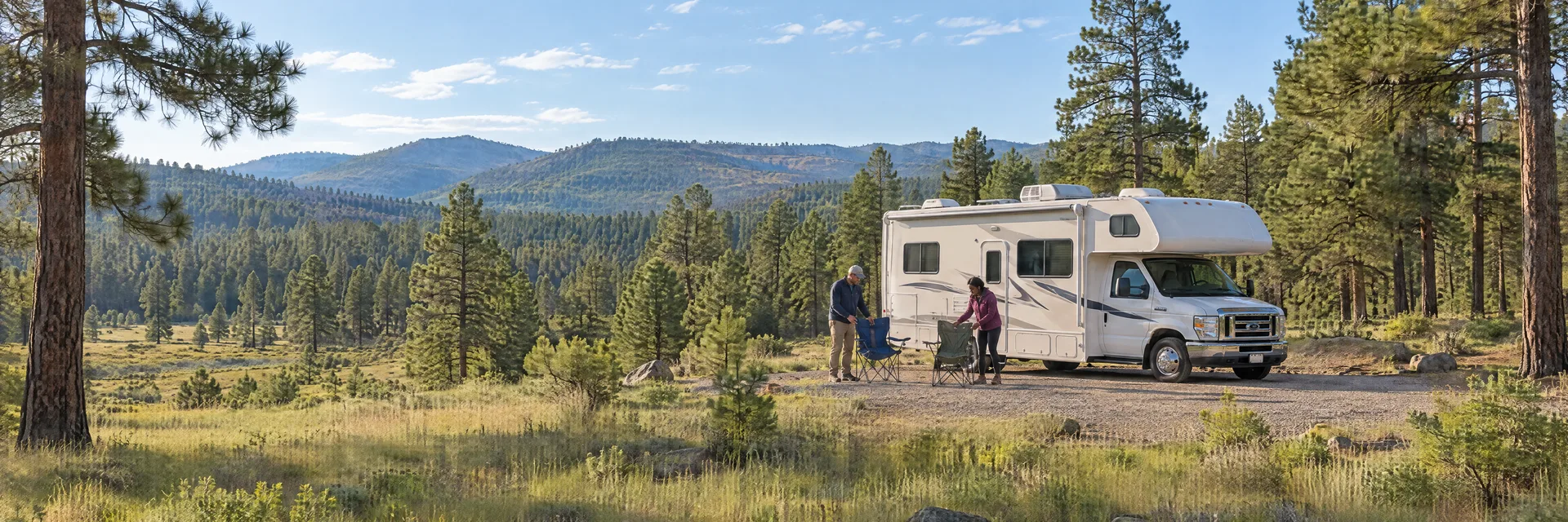 Illustration of campers enjoying setting up camp beside a Class C motorhome in a fictional camping setting inspired by Happy Jack, AZ.