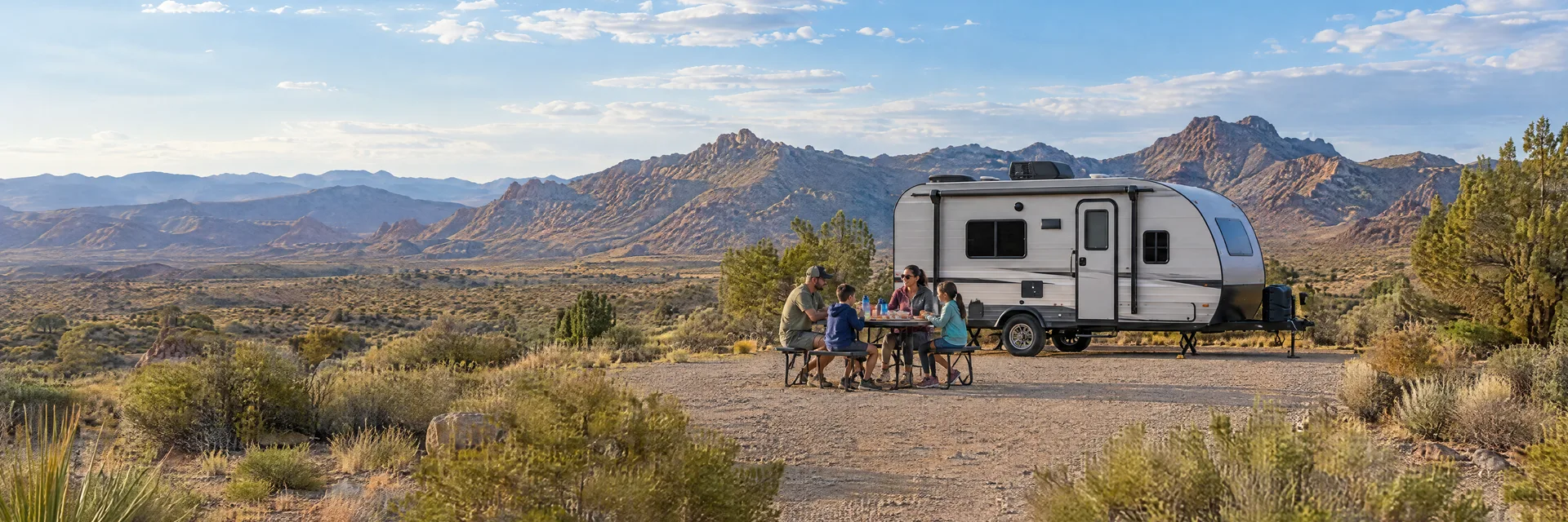 Illustration of campers enjoying a family picnic beside a compact travel trailer in a fictional camping setting inspired by Kingman, AZ.
