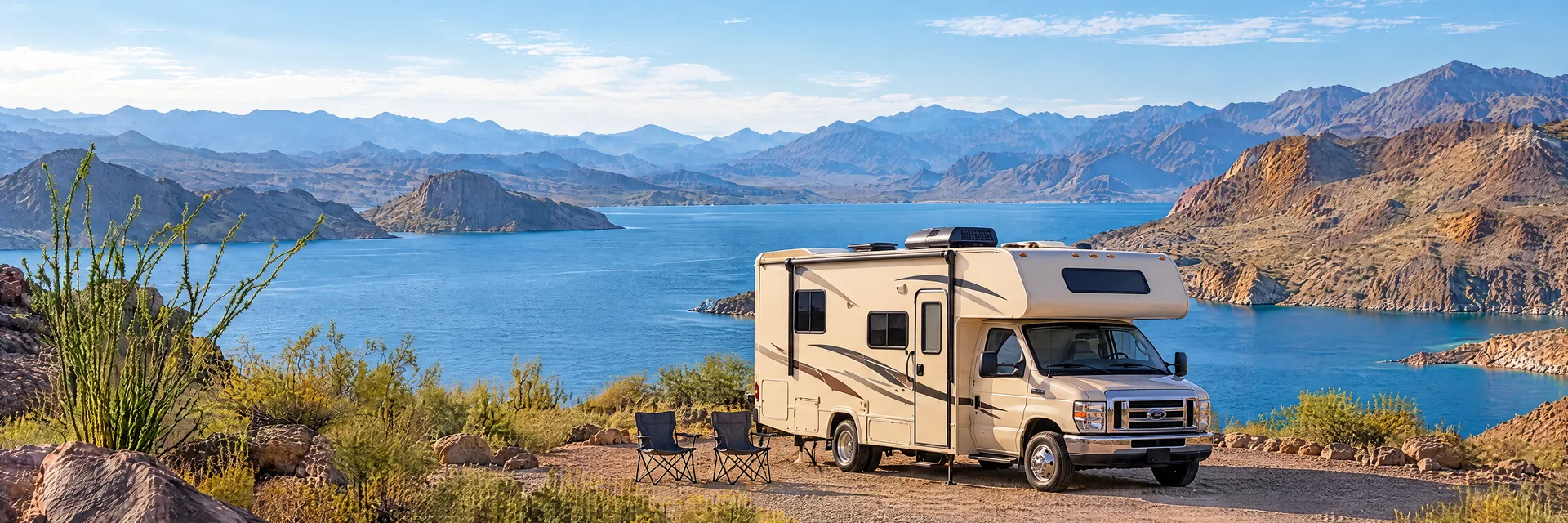 Illustration of a cream Class C motorhome with a modest overcab bunk at a fictional camping setting inspired by Lake Havasu City, AZ.