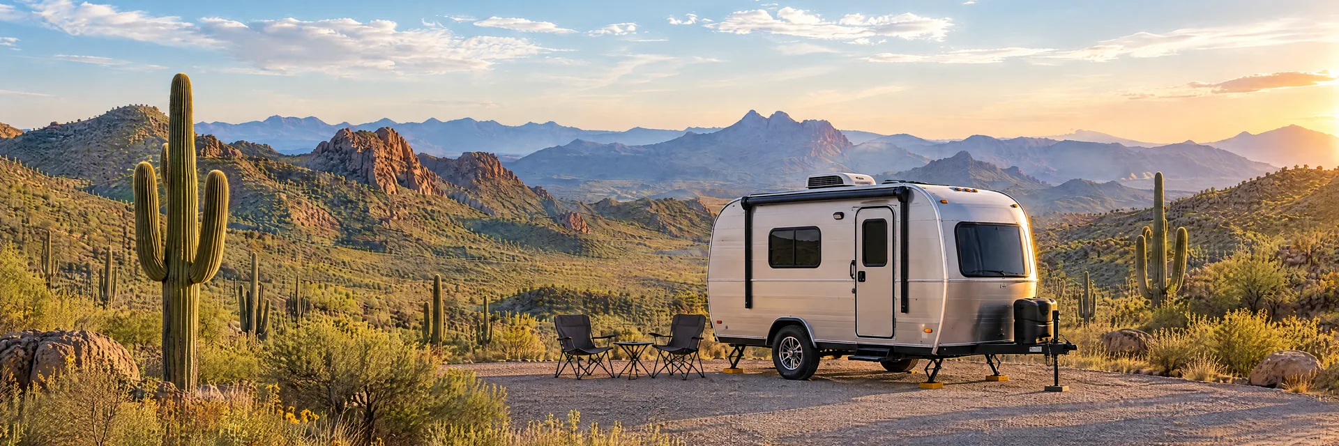 Illustration of a silver compact single-axle travel trailer with visible hitch and stabilizers at a fictional camping setting inspired by Mesa, AZ.