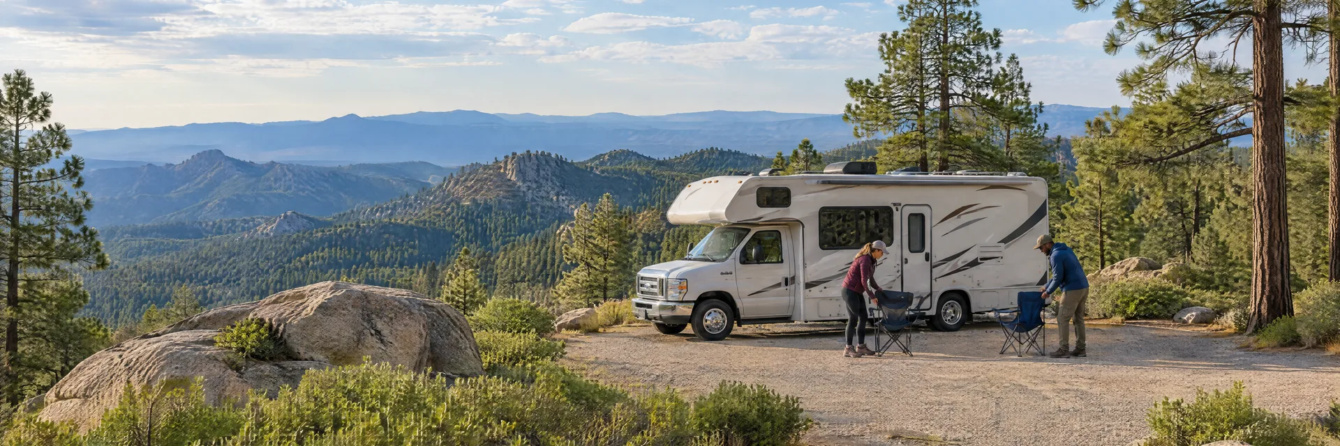 Illustration of campers enjoying setting up camp beside a Class C motorhome in a fictional camping setting inspired by Mt. Lemmon, AZ.