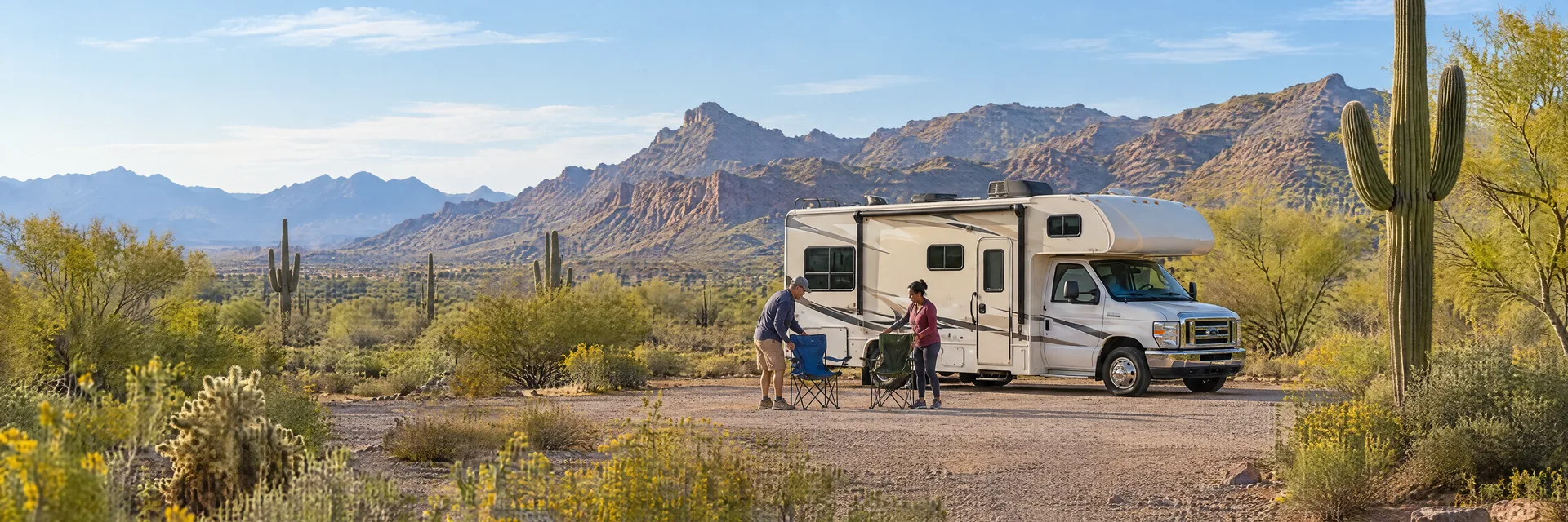 Illustration of campers enjoying setting up camp beside a Class C motorhome in a fictional camping setting inspired by Peoria, AZ.