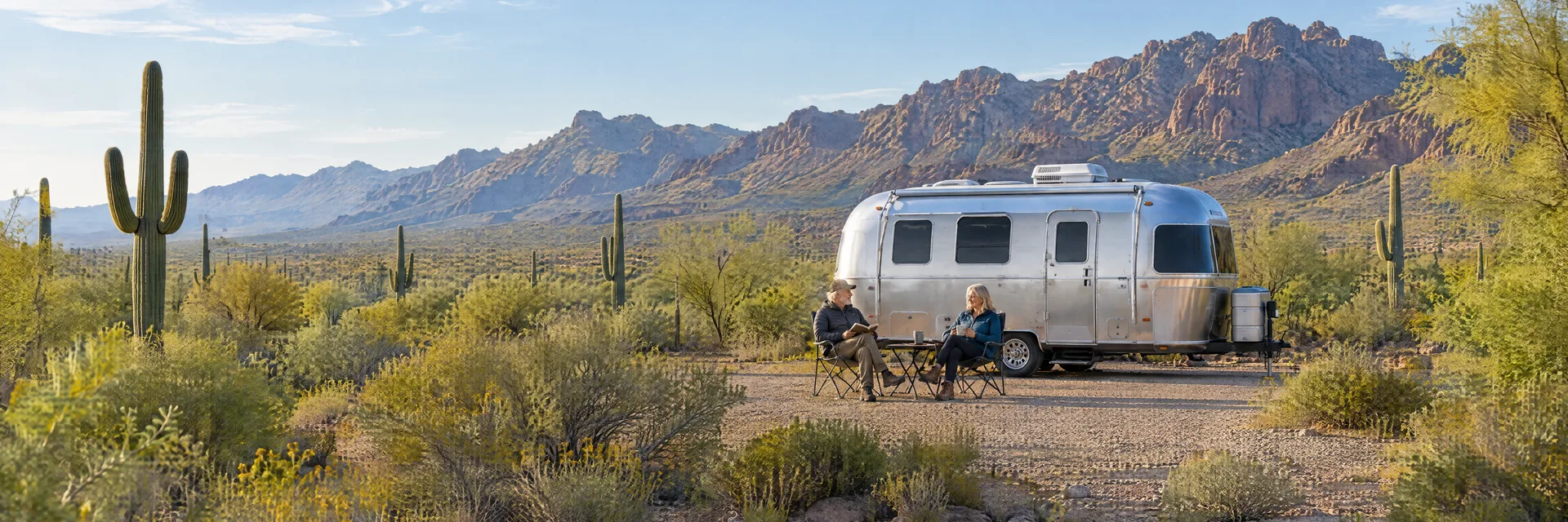 Illustration of campers enjoying relaxing at camp beside a rounded silver travel trailer in a fictional camping setting inspired by Picacho, AZ.