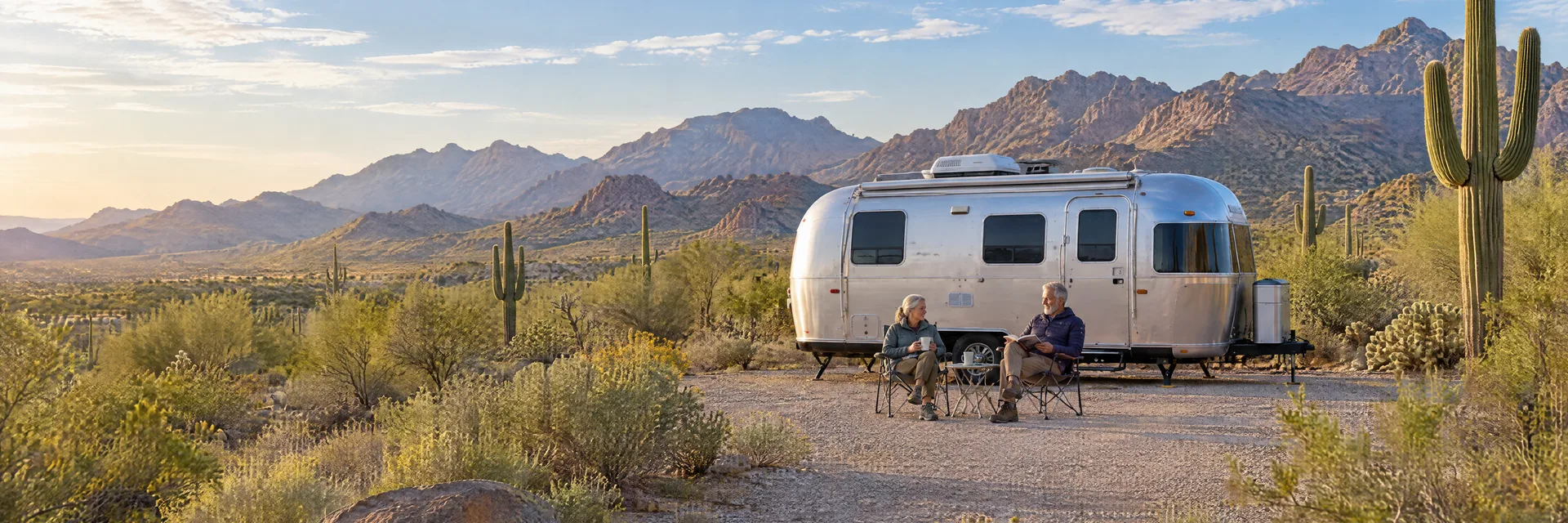 Illustration of campers enjoying relaxing at camp beside a rounded silver travel trailer in a fictional camping setting inspired by Scottsdale, AZ.